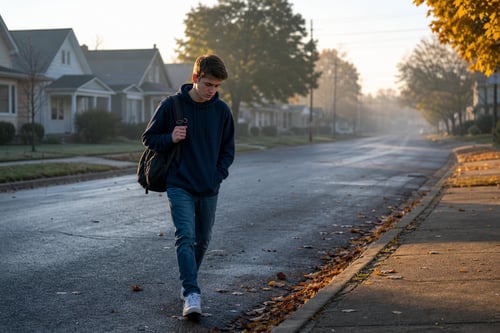 Tired Teenager Walking to School