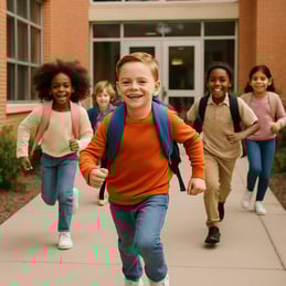a confident child running into school happily with friends all around-1