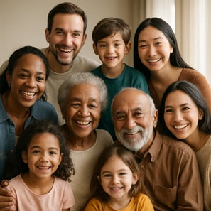 an image showing the many generations of a multi cultural a family all together