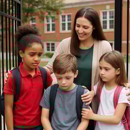 some students being supported by a teacher at the school gates-1