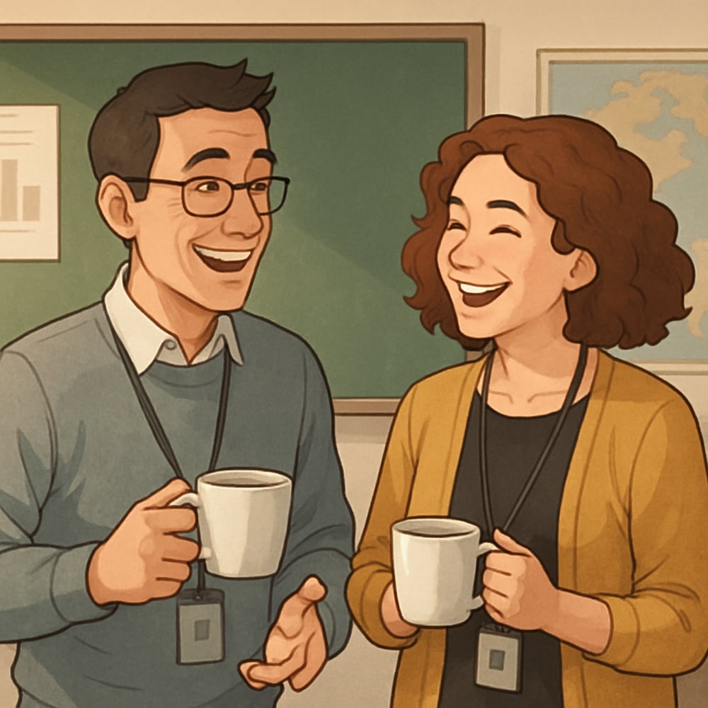 two teachers chatting over a cup of coffee and smiling-1