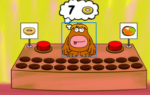 screenshot, a number game with a monkey sitting between two red buttons thinking about the number 7.