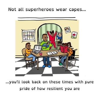 Family learning at home around kitchen table. Caption "Not all superheroes wear capes