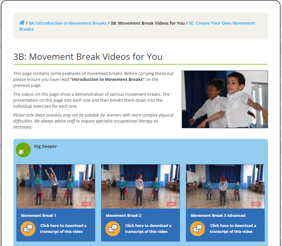 Screen shot of a web page showing some text about movement breaks and a set of videos on this topic. 