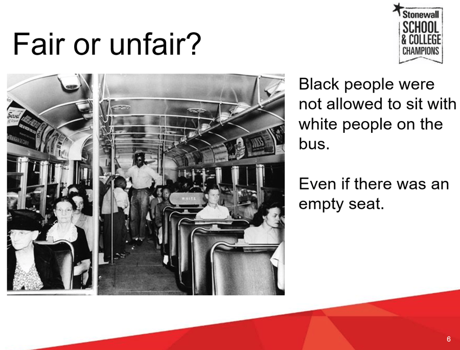 PowerPoint slide showing a bus with black people at the back and asking the question fair or unfair. 