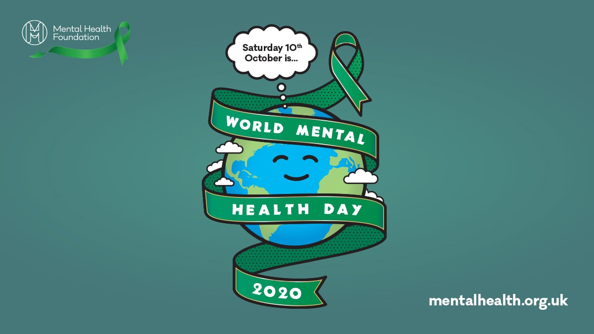 World mental health day image. A smiling globe with a green sash around it. Speech bubble reads October the 10th.