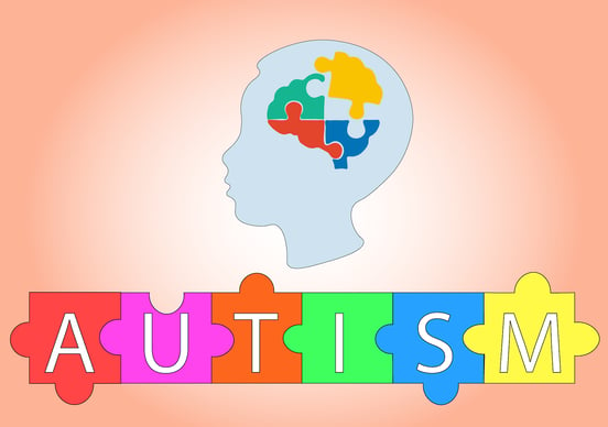 Autism ilustraction with the word spelt out in different coloured puzzle pieces. 